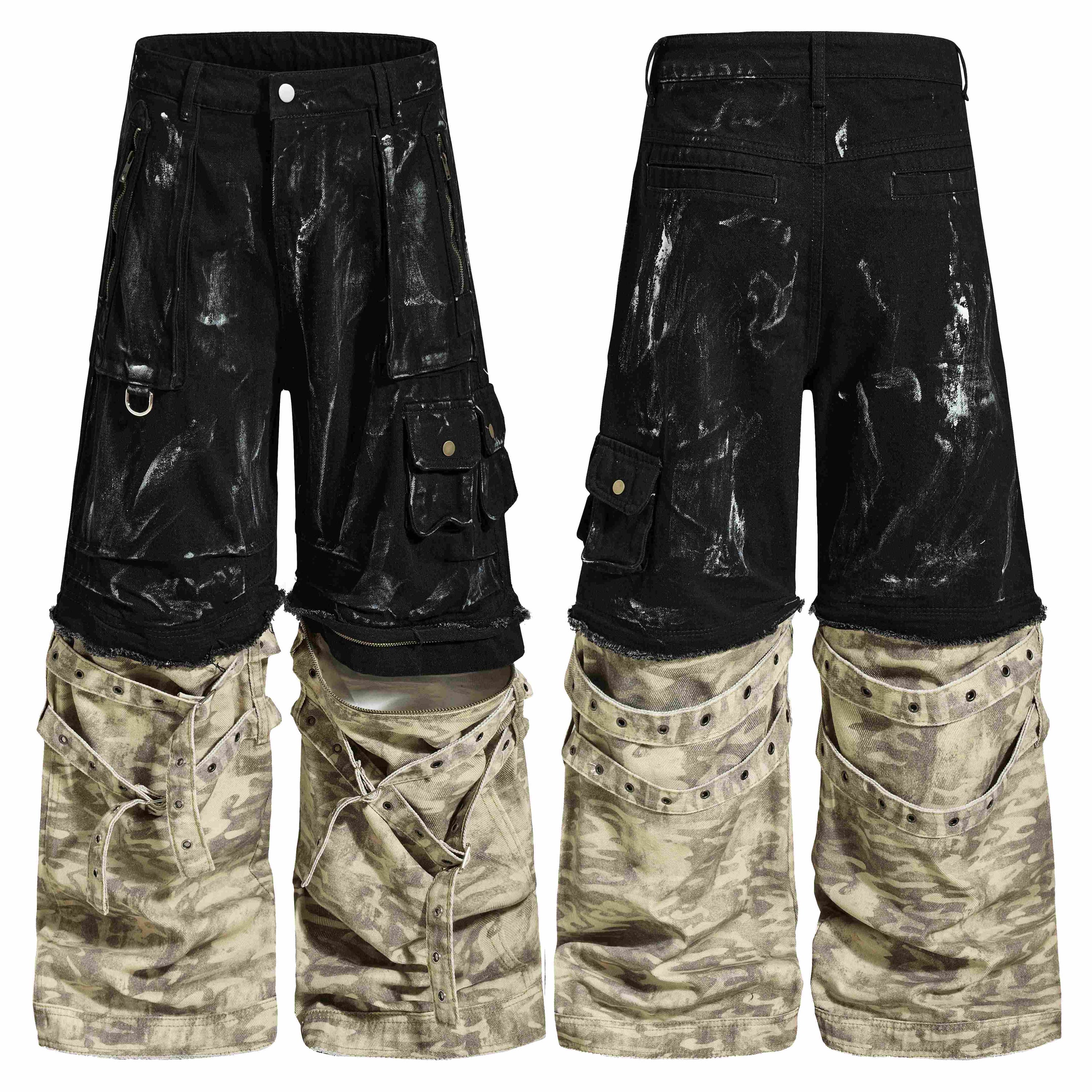 Front and back view of washed black cargo denim pants with paint-splatter effect and faded camouflage lower leg panels