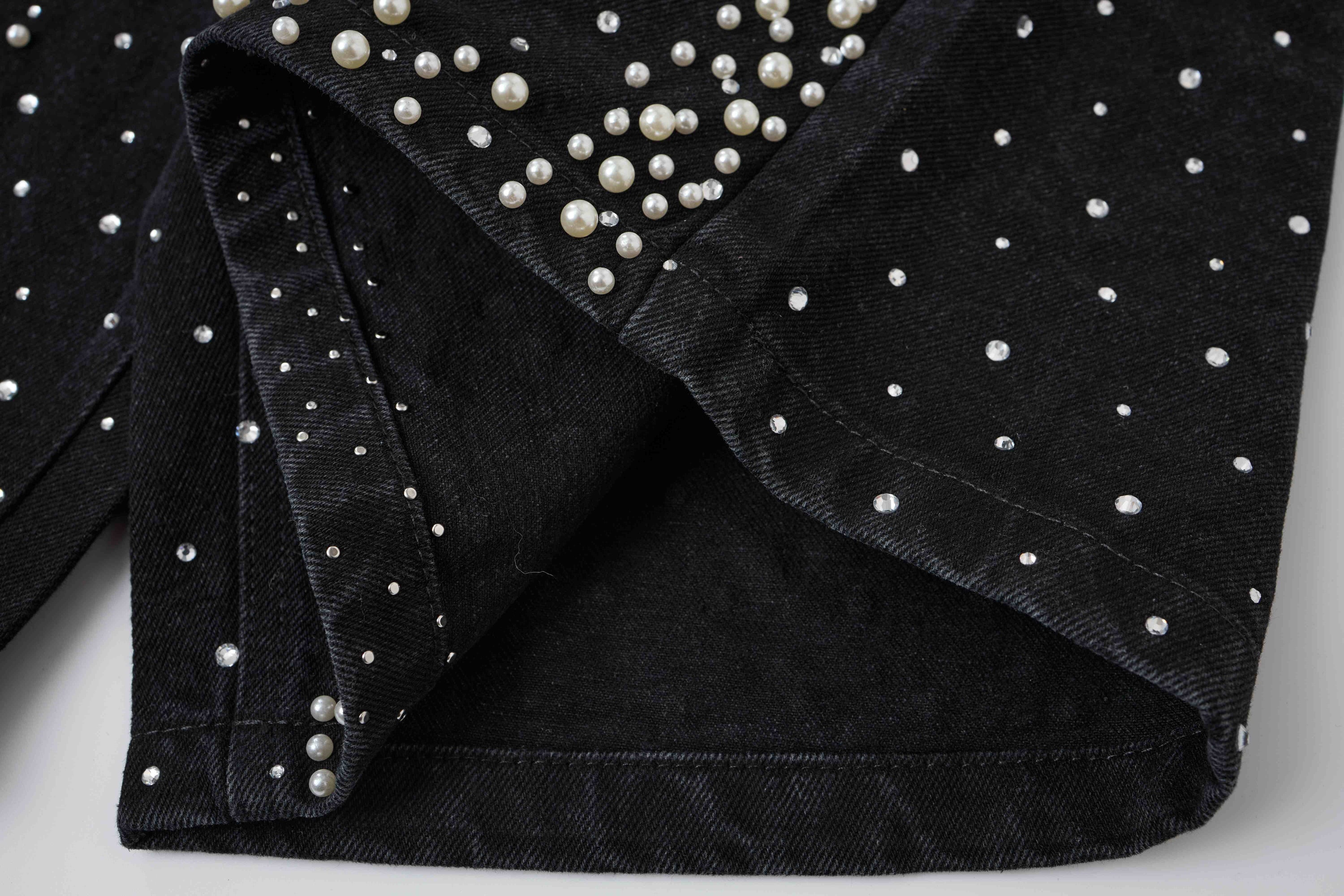 Omirad Pearl Studded Black Denim Shorts | Streetwear