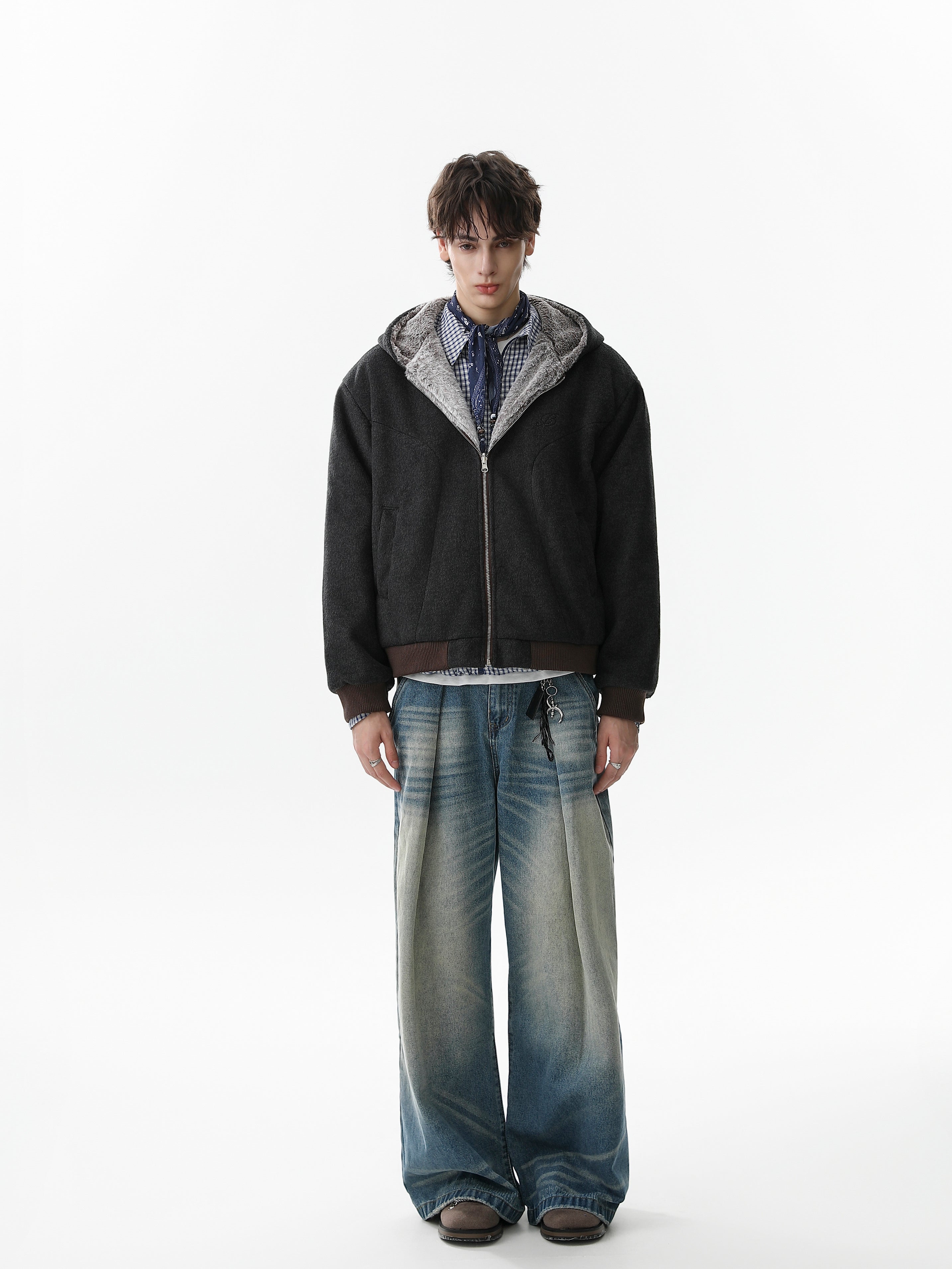 Wool Blend Fleece Hooded Bomber Jacket | Omirad