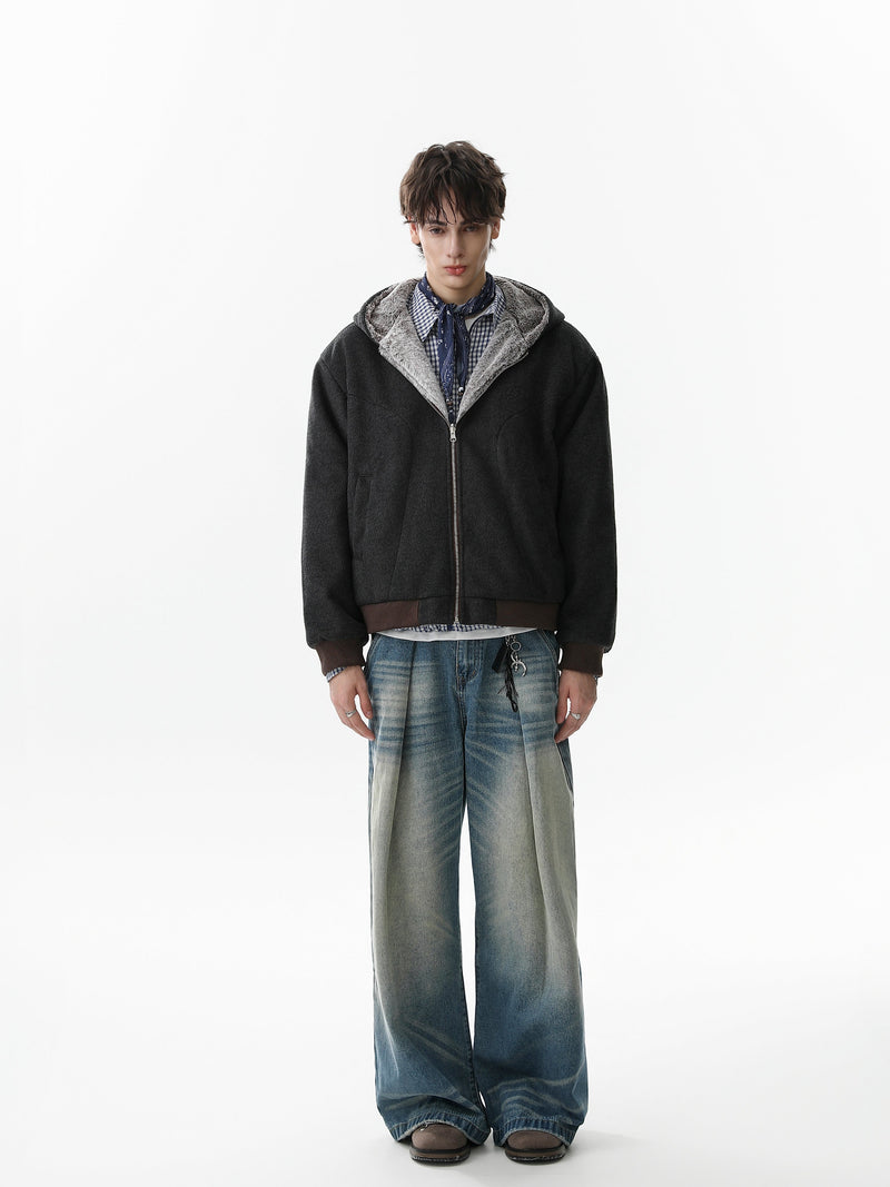 Wool Blend Fleece Hooded Bomber Jacket | Omirad