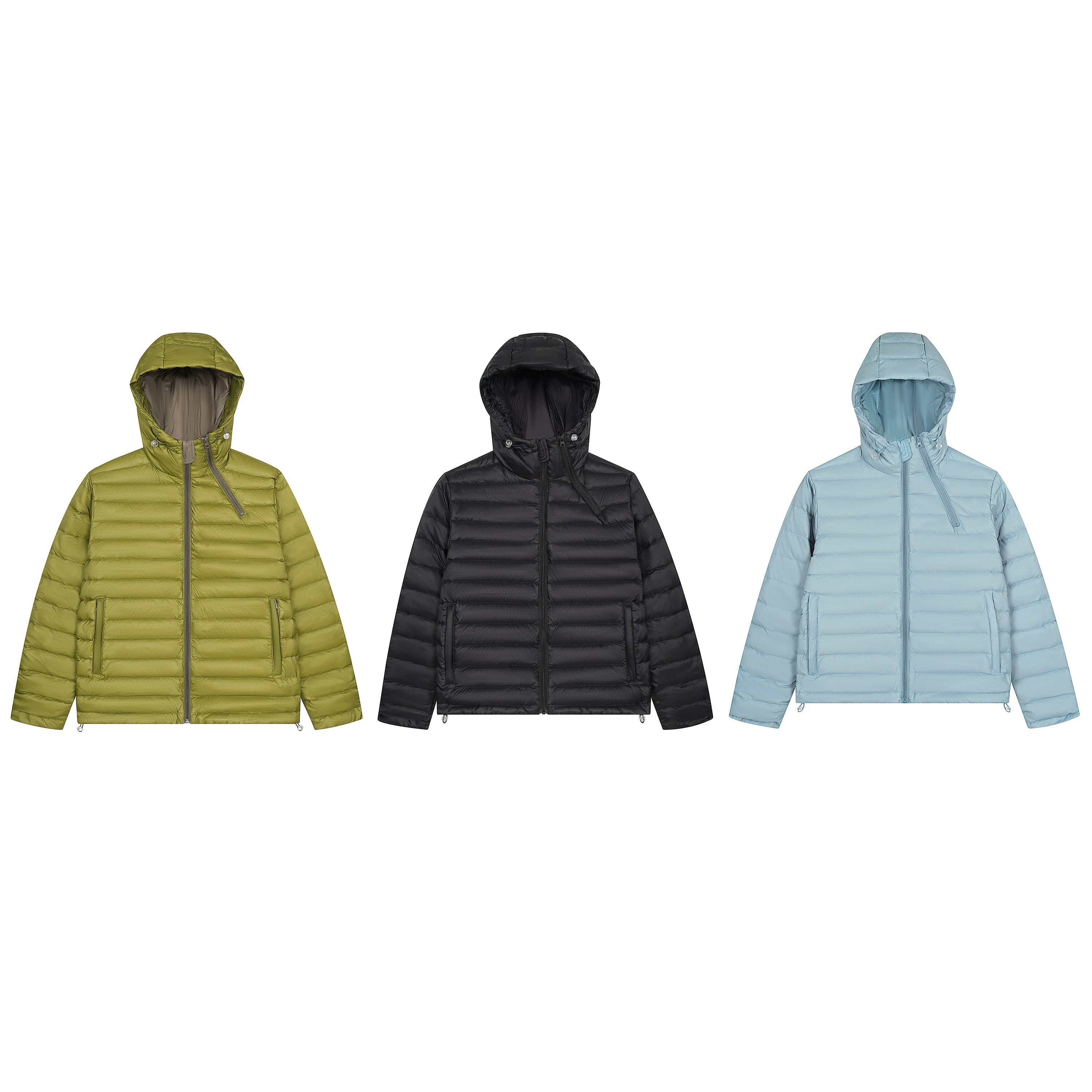 Olive green lightweight quilted hooded puffer jacket with contrast zip placket and two zippered hip pockets, front view