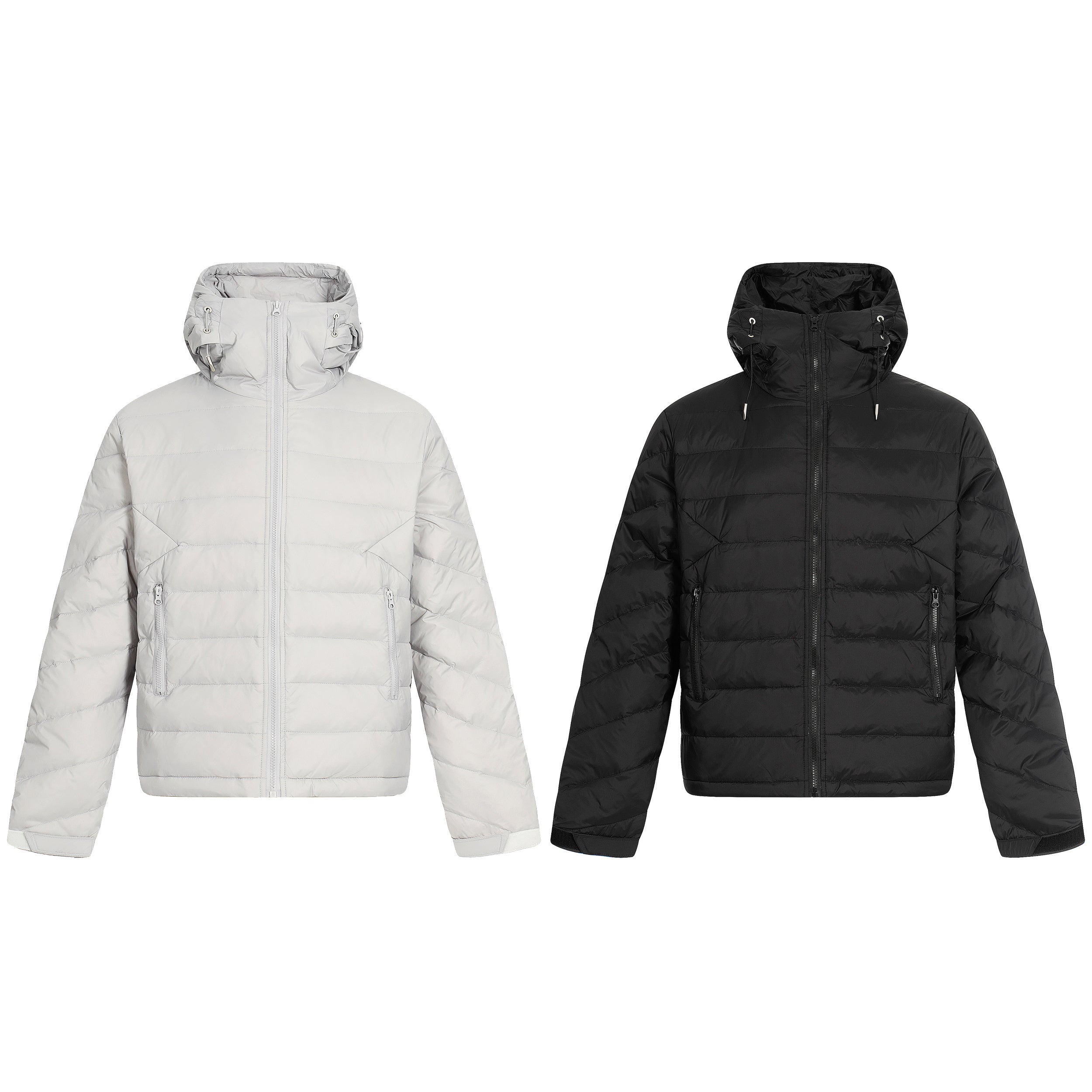 Men's lightweight hooded puffer jacket in light grey and black, front view with zip pockets and high-neck hood