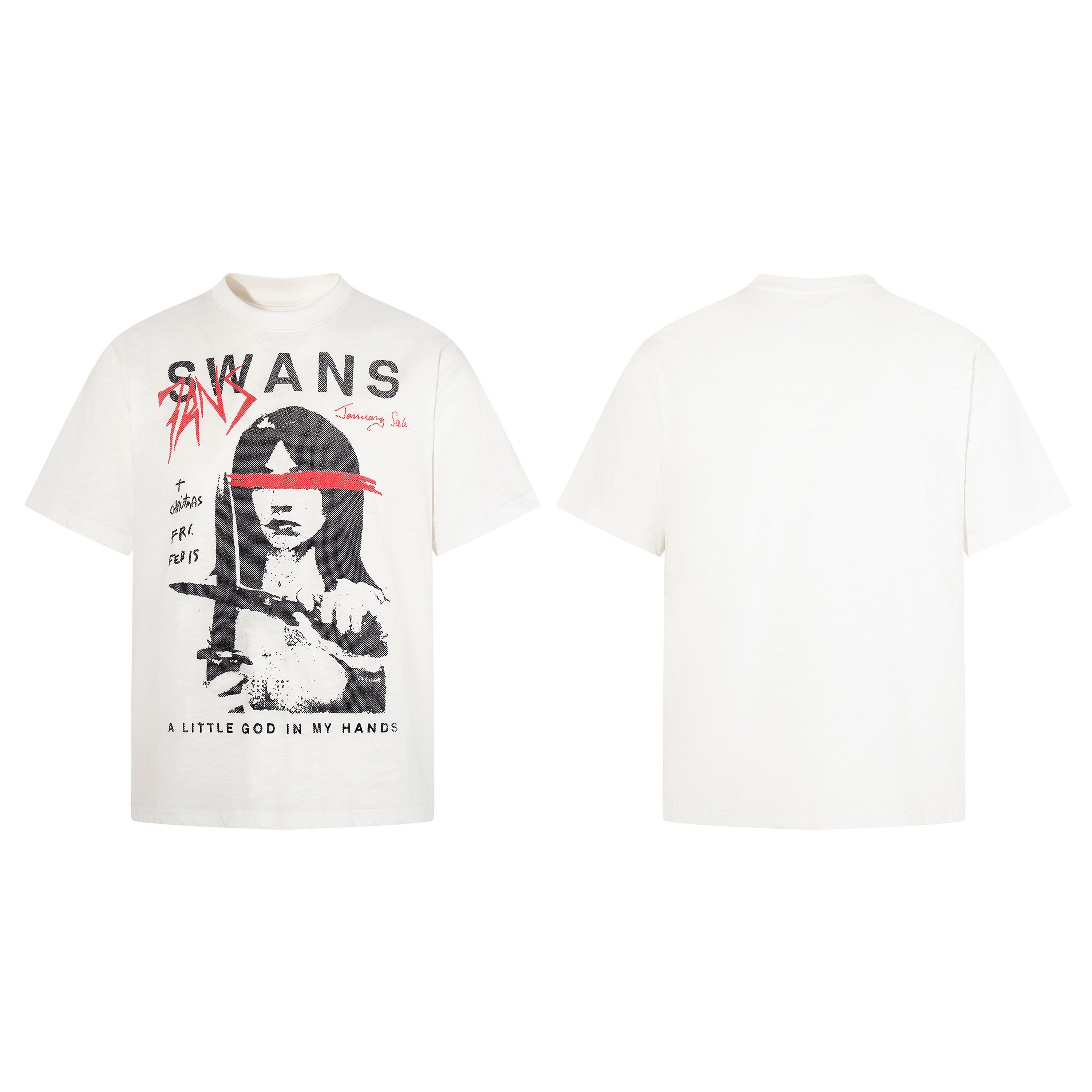 Off-white Omirad SWANS SINS graphic t-shirt with halftone portrait print, red brushstroke, and distressed punk typography on