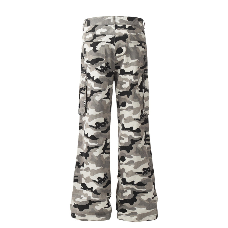 Back view of grey camouflage cargo pants with rear pockets and checkerboard patches