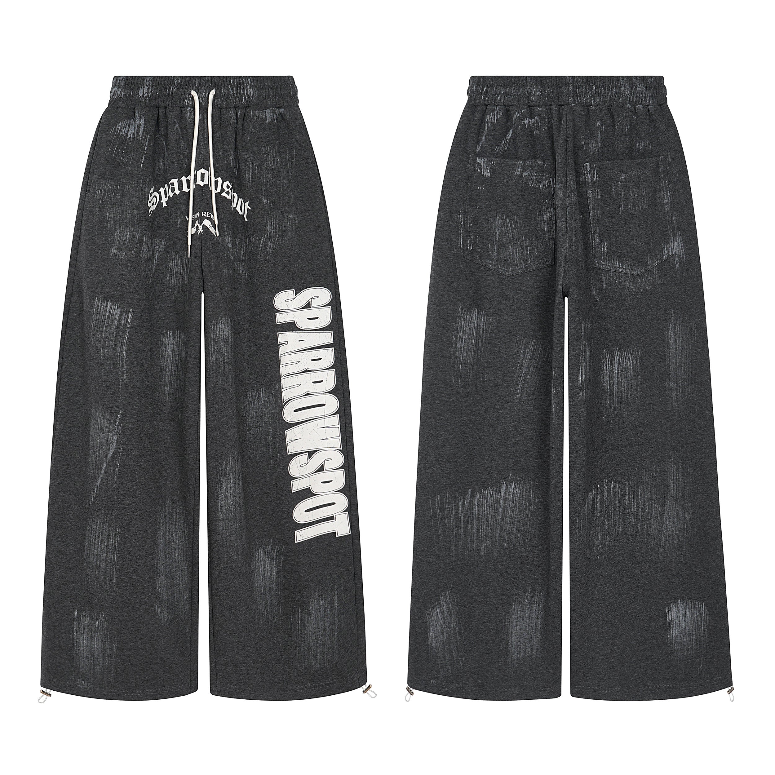 Front and back view of dark charcoal wide-leg sweatpants with distressed wash finish and SPARROWSPOT vertical graphic print