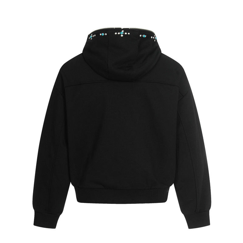 Black zip hoodie with hood and dot detail, back view