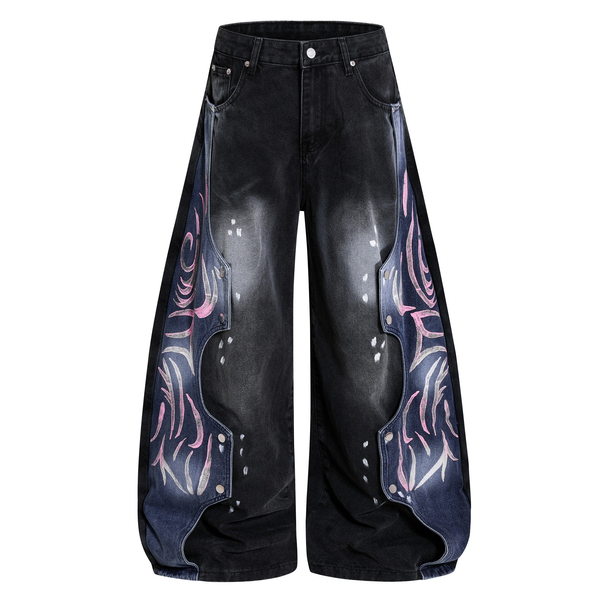 Graphic Panel Wide-Leg Denim Jeans | Vintage Black Streetwear