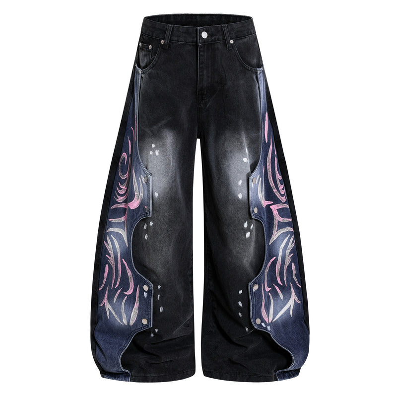 Front view of black wide-leg denim jeans with pink graphic panel details