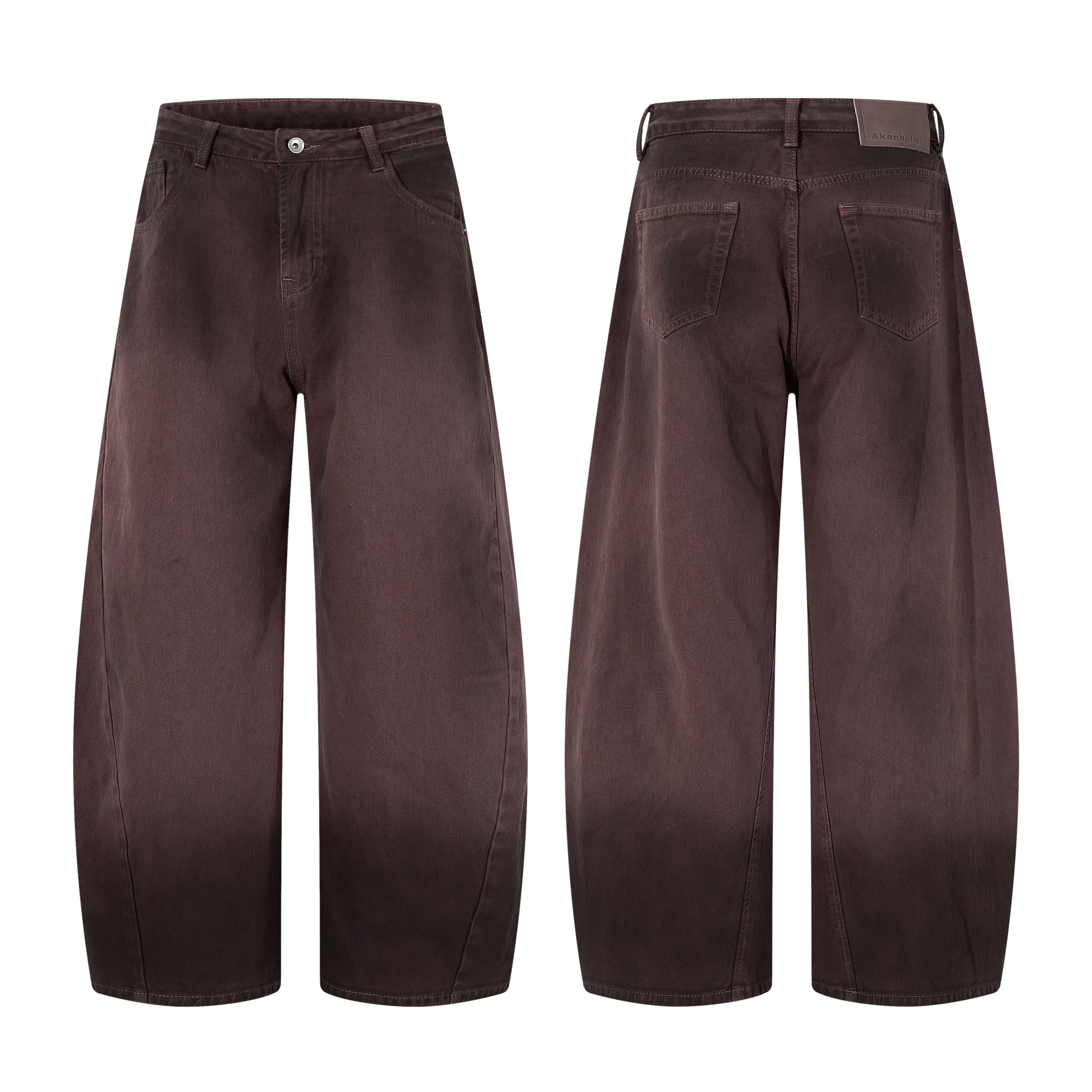 Front and back view of brown gradient washed wide-leg jeans with oversized silhouette and curved seam detail