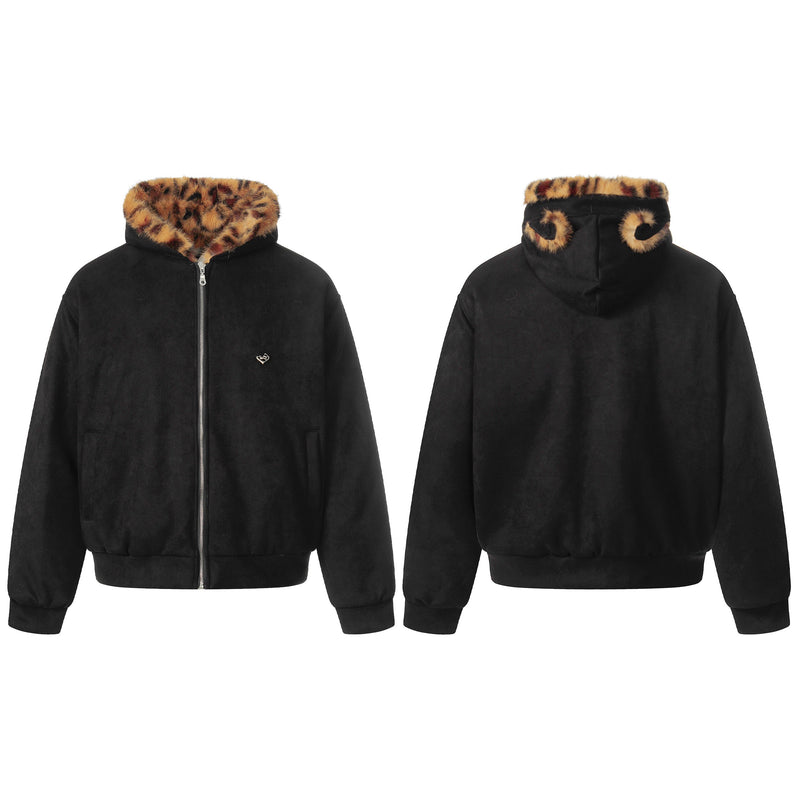Leopard Faux Fur-Lined Bomber Jacket with Bear Ear Hood