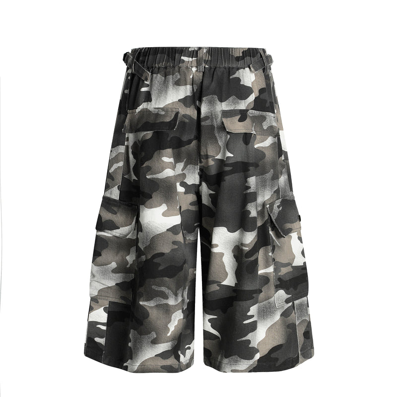 Back view of gray camo cargo shorts with elastic waist and flap pockets