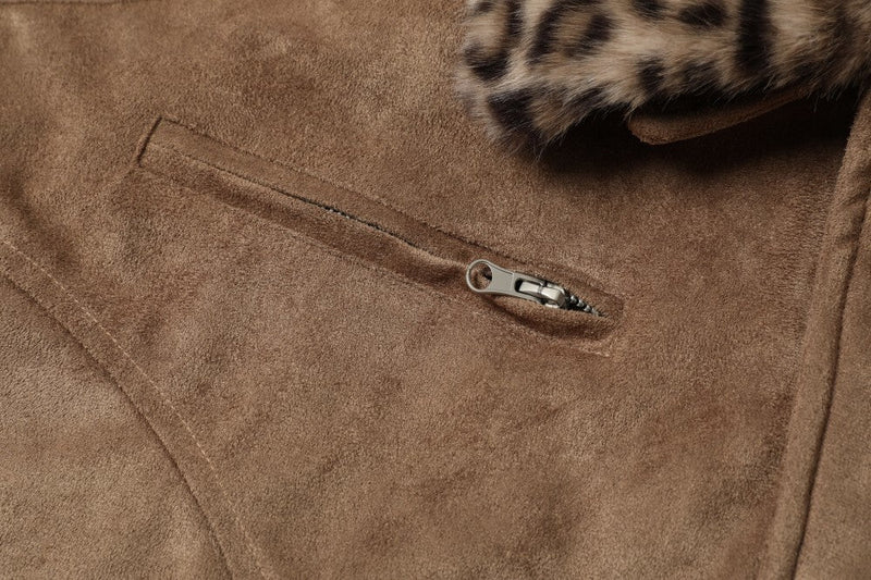 Leopard Faux Fur Collar Suede Bomber Jacket | Omirad