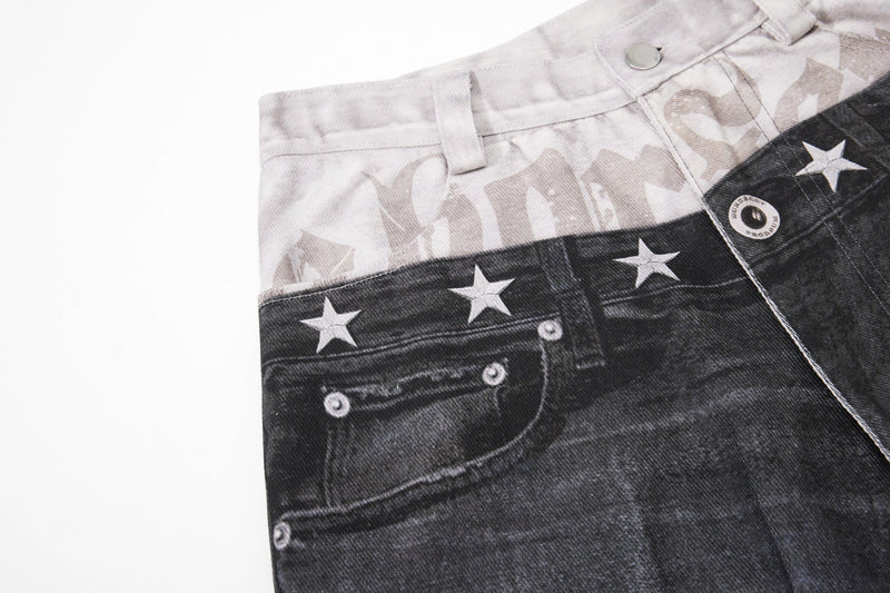 Close-up of upper back jeans with star band, pocket edge and faded lettering