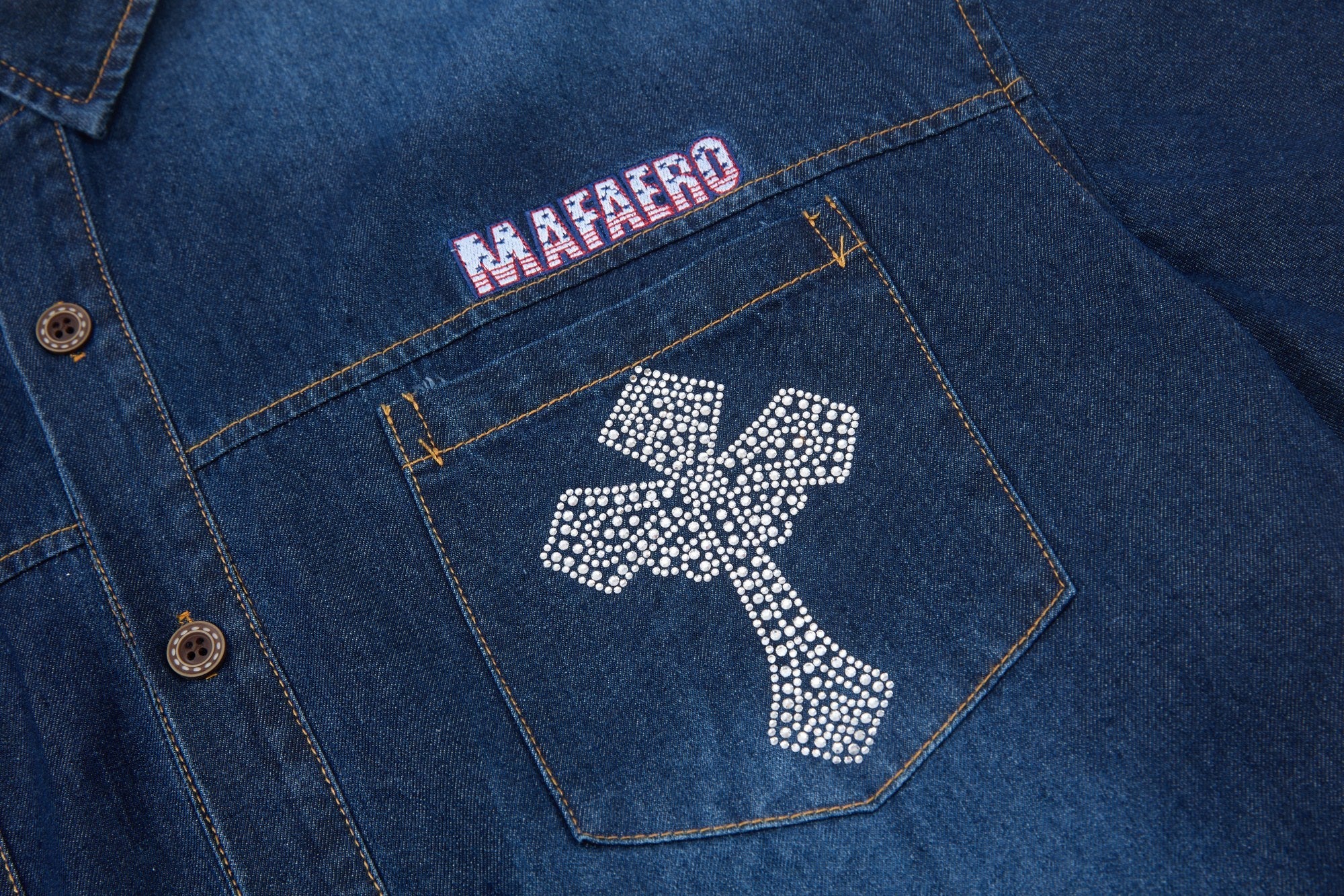 Mafaero Rhinestone Cross Denim Shirt | Streetwear Button-Up