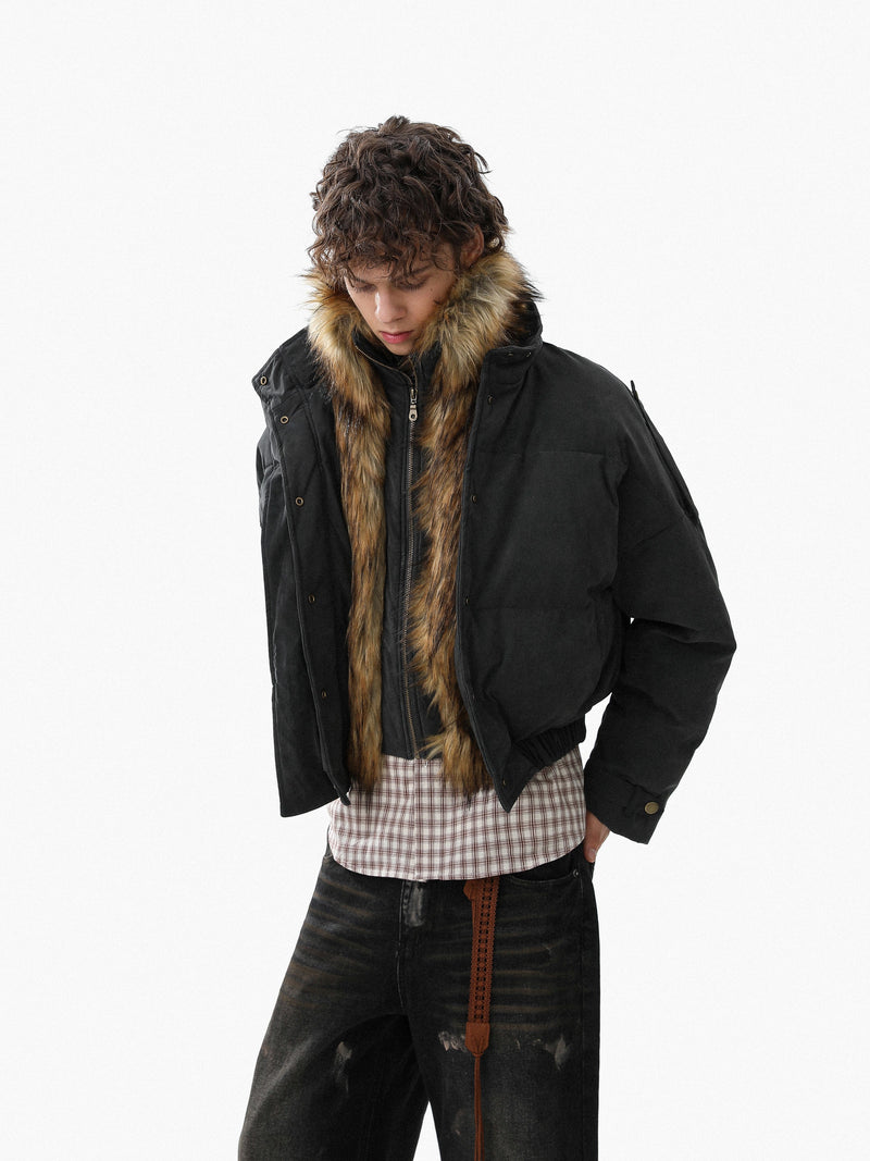 Detachable Faux Fur Collar PU Puffer Jacket | Cropped