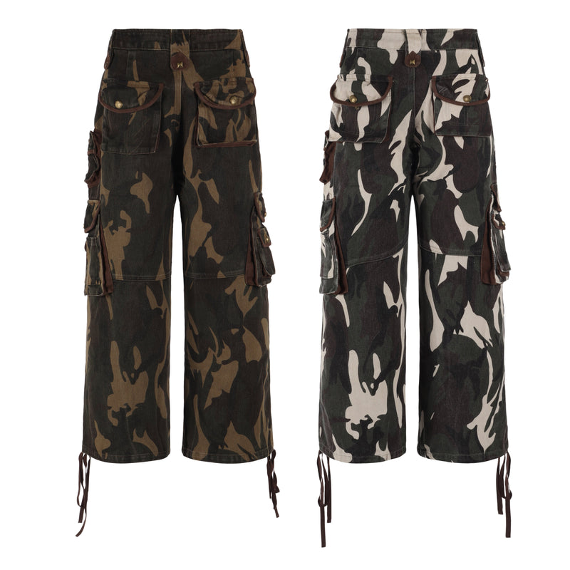 Front view of wide-leg camo cargo pants with flap pockets, Union Jack patch, and drawstring hems