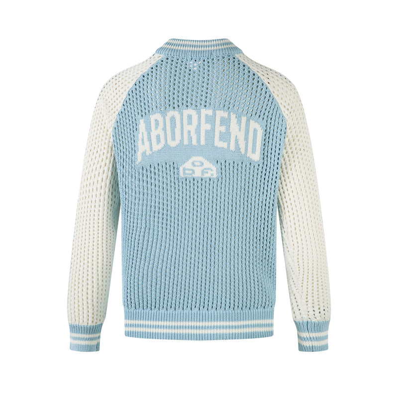 Back view of light blue and cream mesh knit jacket with large arched logo lettering