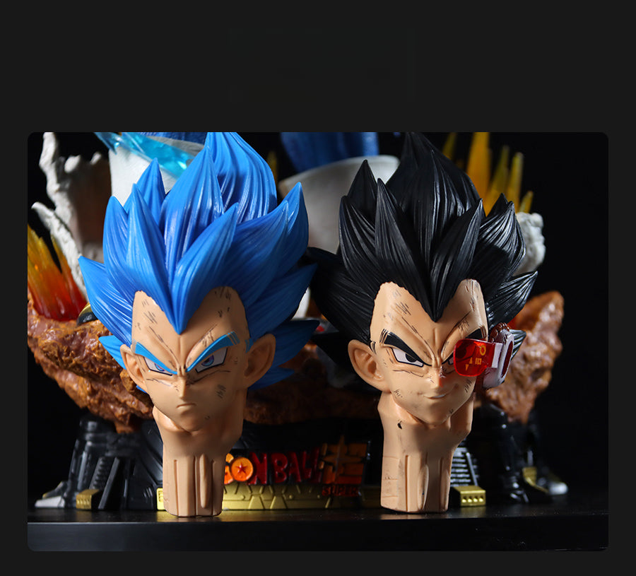 Two Seakoff animated character busts are shown; one has blue hair, and the other is a Vegeta Collectible Figure from Dragon Ball Z with black hair and a red scouter. They feature vibrant colors on a dark background.