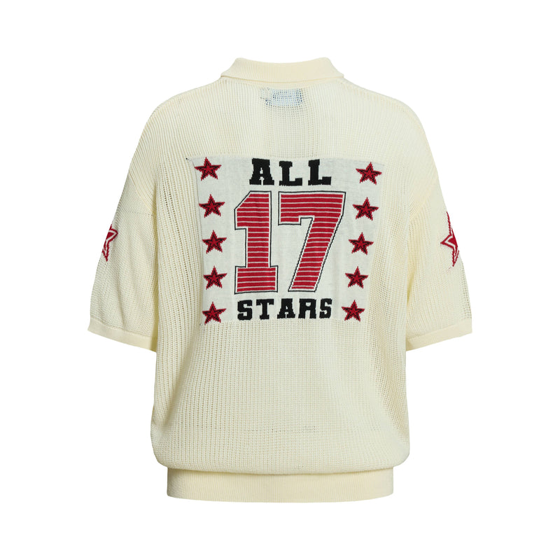 Cream knit polo shirt with oversized red 17 stars graphic on the back, varsity-inspired collegiate streetwear style