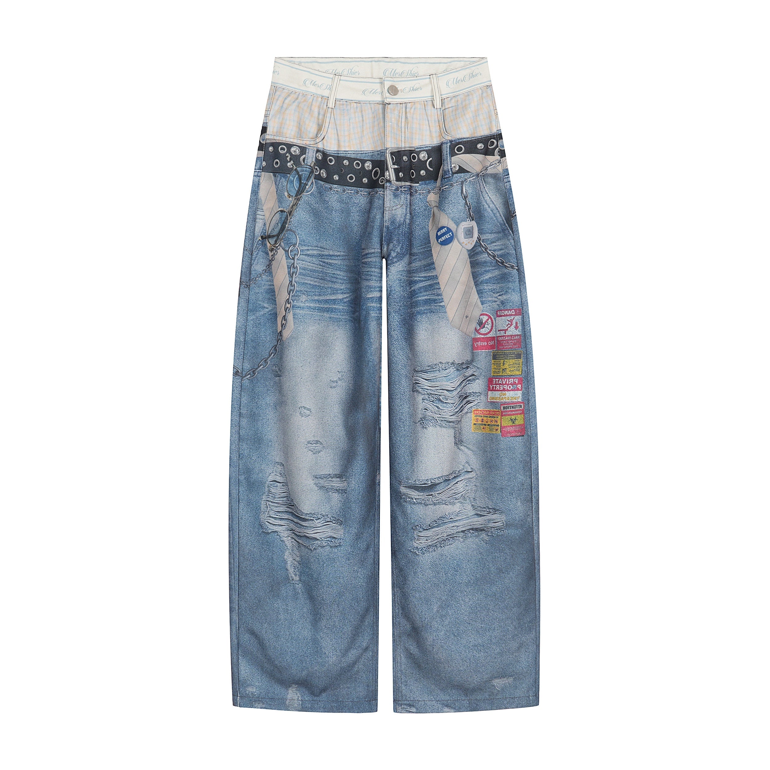 Trompe-L'œil Wide-Leg Denim Print Pants | Y2K Streetwear