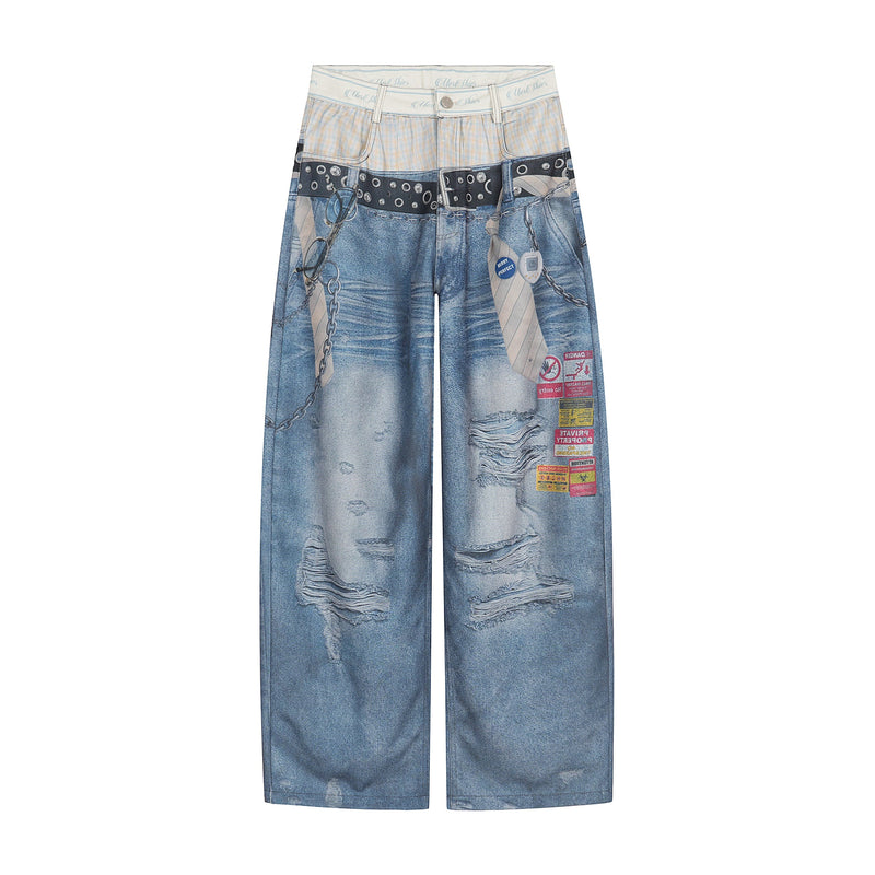 Front view of wide-leg denim print pants with chain, buckle and patch graphics
