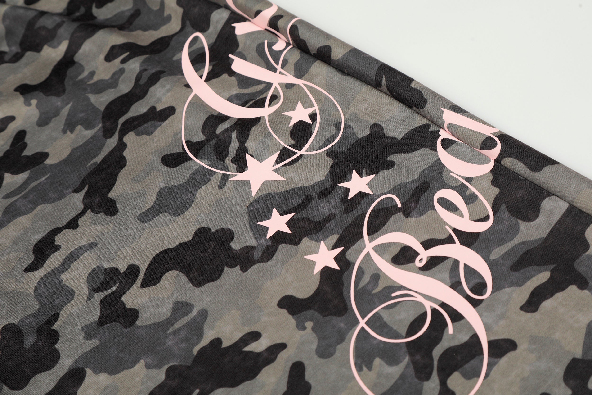 Camo Wide-Leg Pants with Pink Faux Fur Trim & Studded Belt
