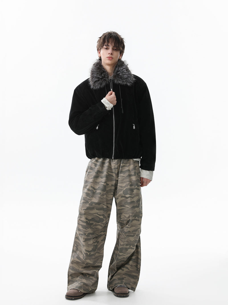 Faux Fur Collar Velvet Bomber Jacket | Cropped Streetwear