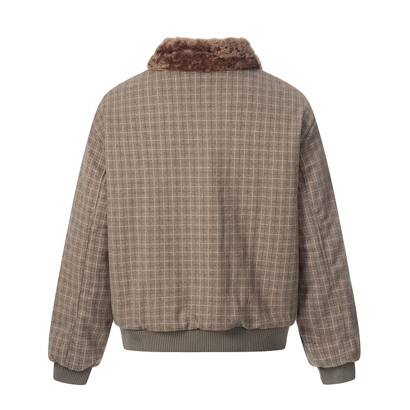 Check Pattern Faux Fur Collar Bomber Jacket | Omirad