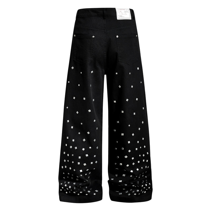 Black wide-leg denim pants with back pockets and silver stud squares