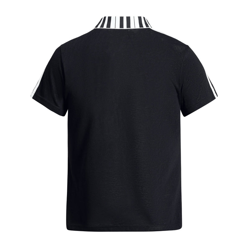 Black men's polo shirt with white striped collar and sleeve accents, shown from the back on a plain white background