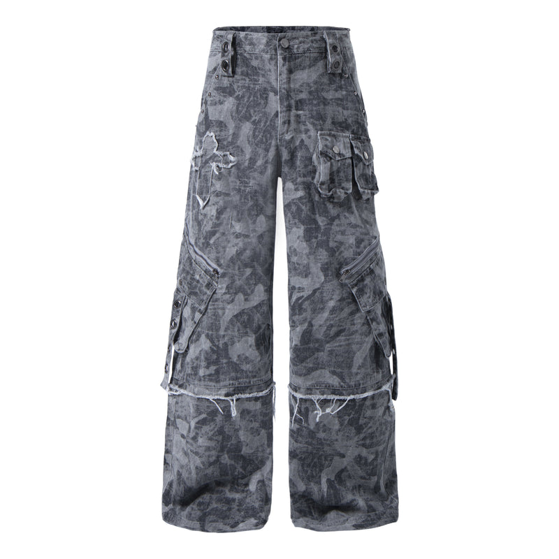 Gray distressed camo cargo pants front view with zip pockets