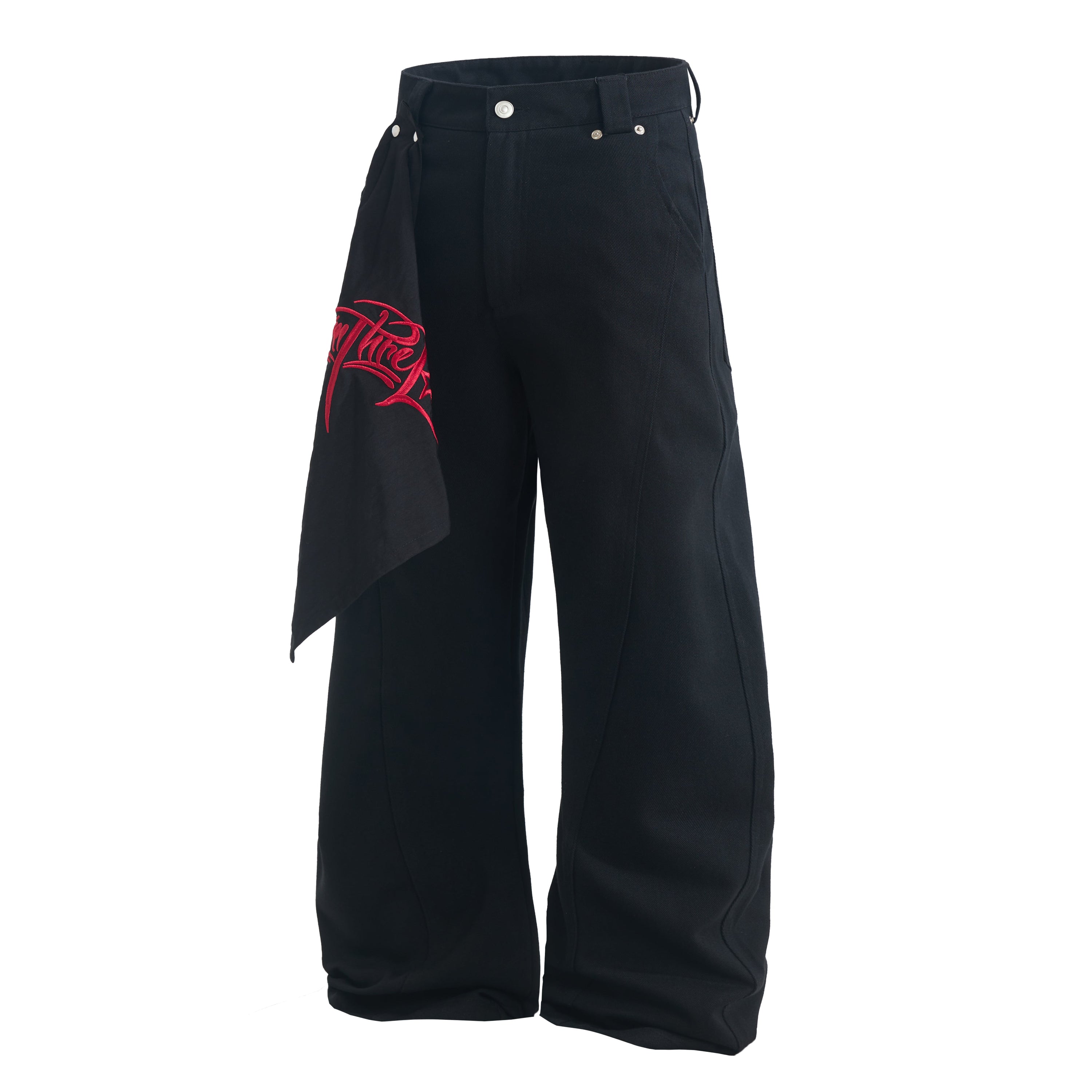 Wide-Leg Jeans with Red Embroidery & Side Drape | SEAKOFF