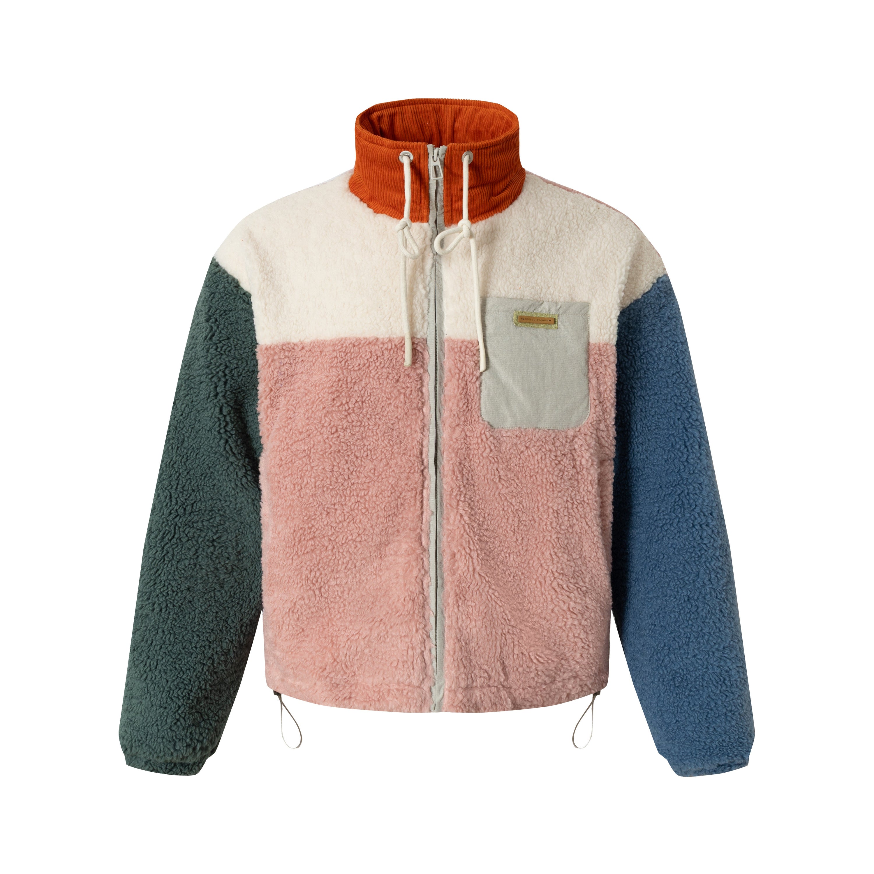 Colorblock sherpa fleece zip jacket in pink, cream, teal, and blue with rust orange corduroy high neck