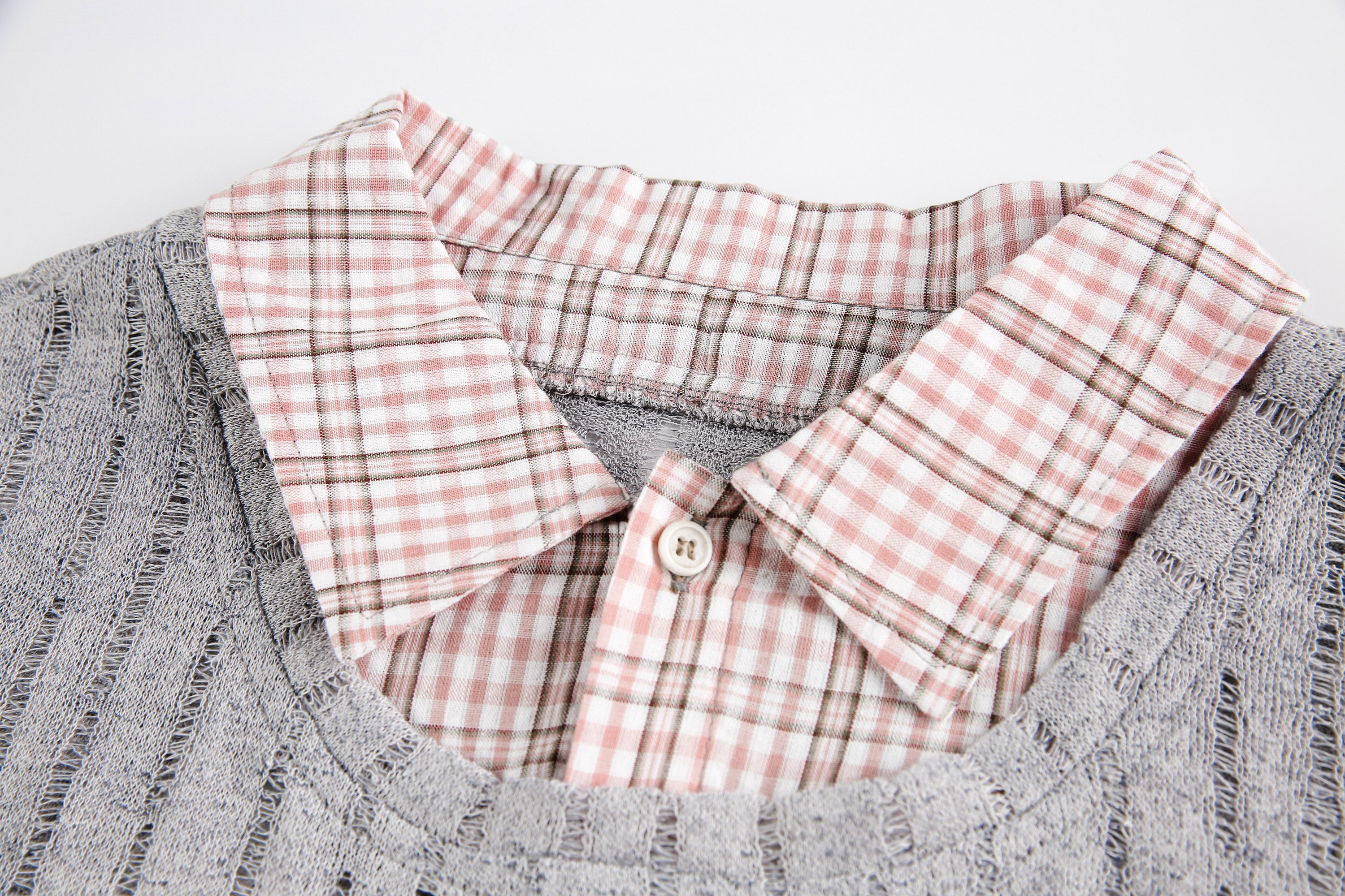 Layered Mesh Graphic Top | Sheer Overlay Plaid Collar