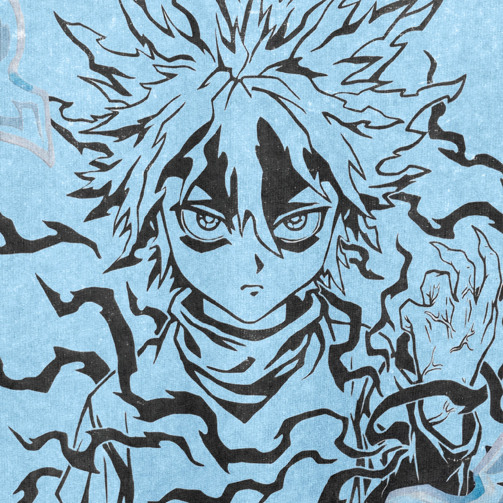 The Hunter × Hunter Anime Character 'Doesn't Hurt' Washed Vintage T-Shirt features a spiky-haired character with intense eyes and shadowy wisps around their hand. The textured blue background enhances the black and white design, creating striking contrasts on this 260 GSM high-quality cotton streetwear piece.