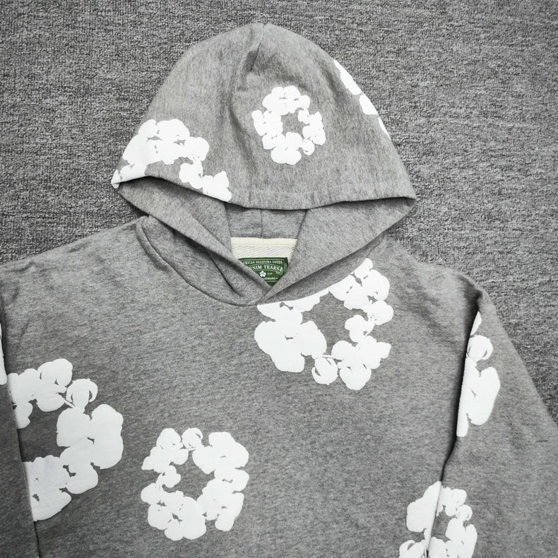 Gray “Cotton Wreath” Denim Tears Hoodie – White Floral Print Streetwear Pullover
