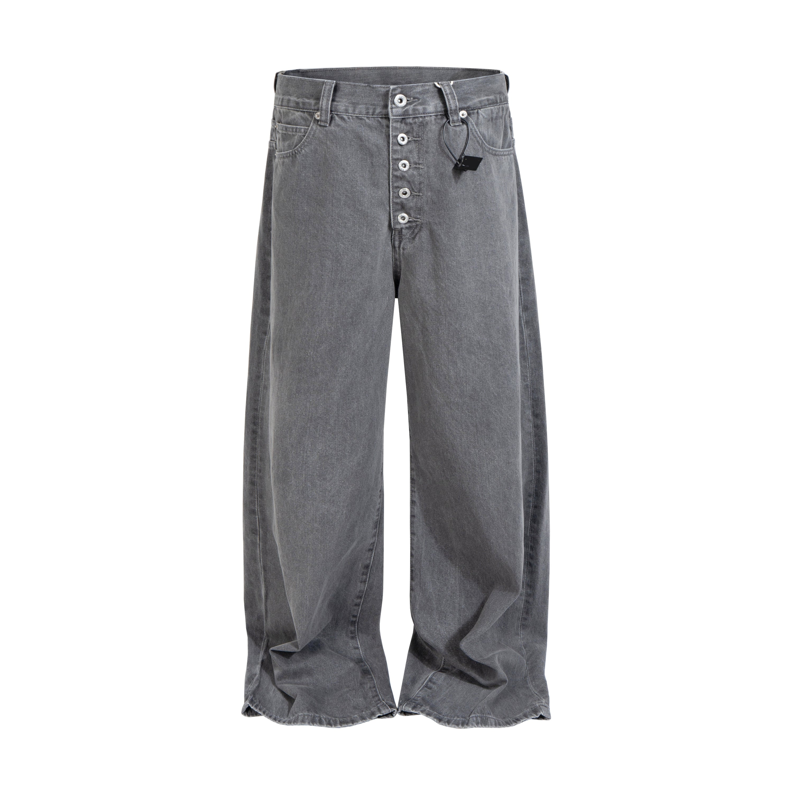 Front view of grey washed wide-leg denim pants with button-fly closure and five-pocket construction