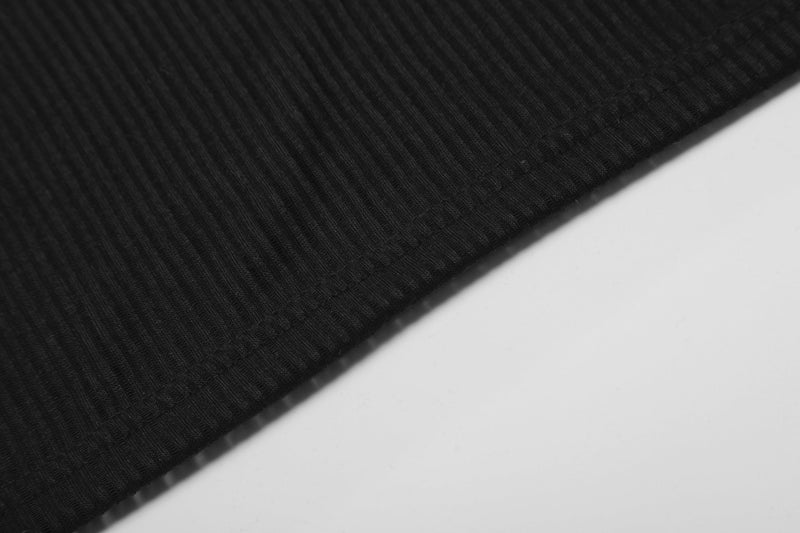 Close-up of black ribbed hem fabric with fine vertical texture