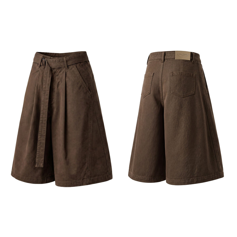 Brown wide-leg pleated shorts with matching belt, front and back views