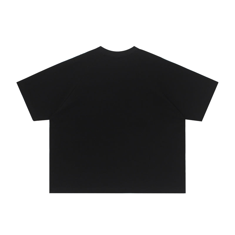 Black oversized graphic tee with a relaxed boxy fit and short sleeves on a clean white background