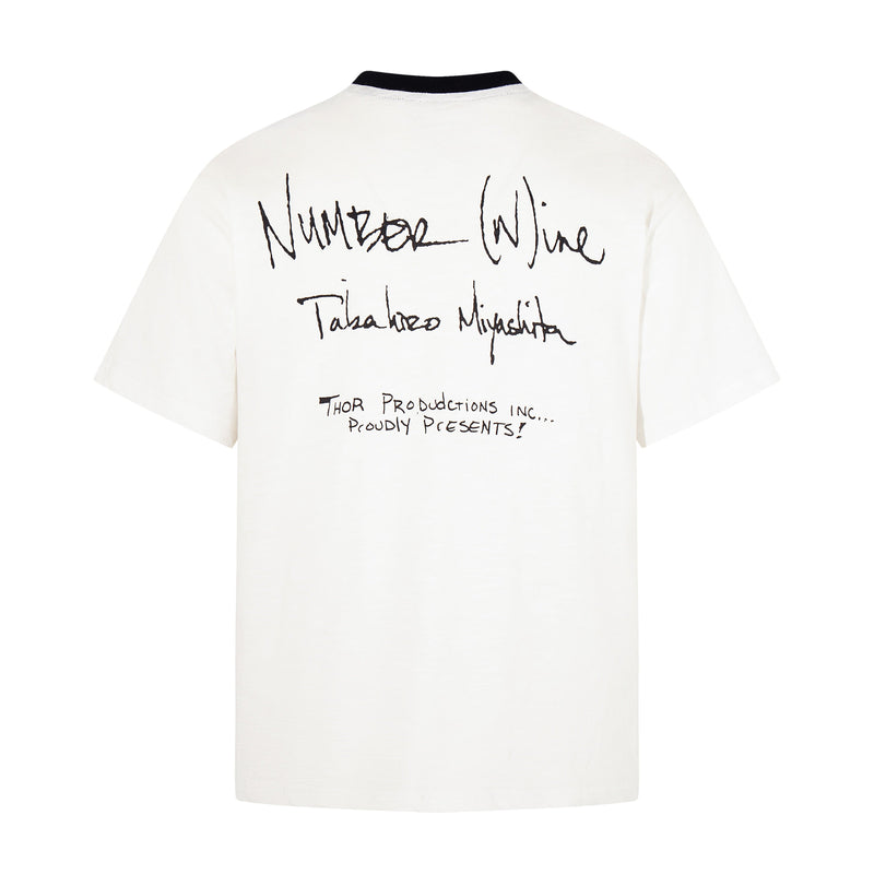 White Number (N)ine T-shirt with handwritten black graphic text on the back and black ribbed collar
