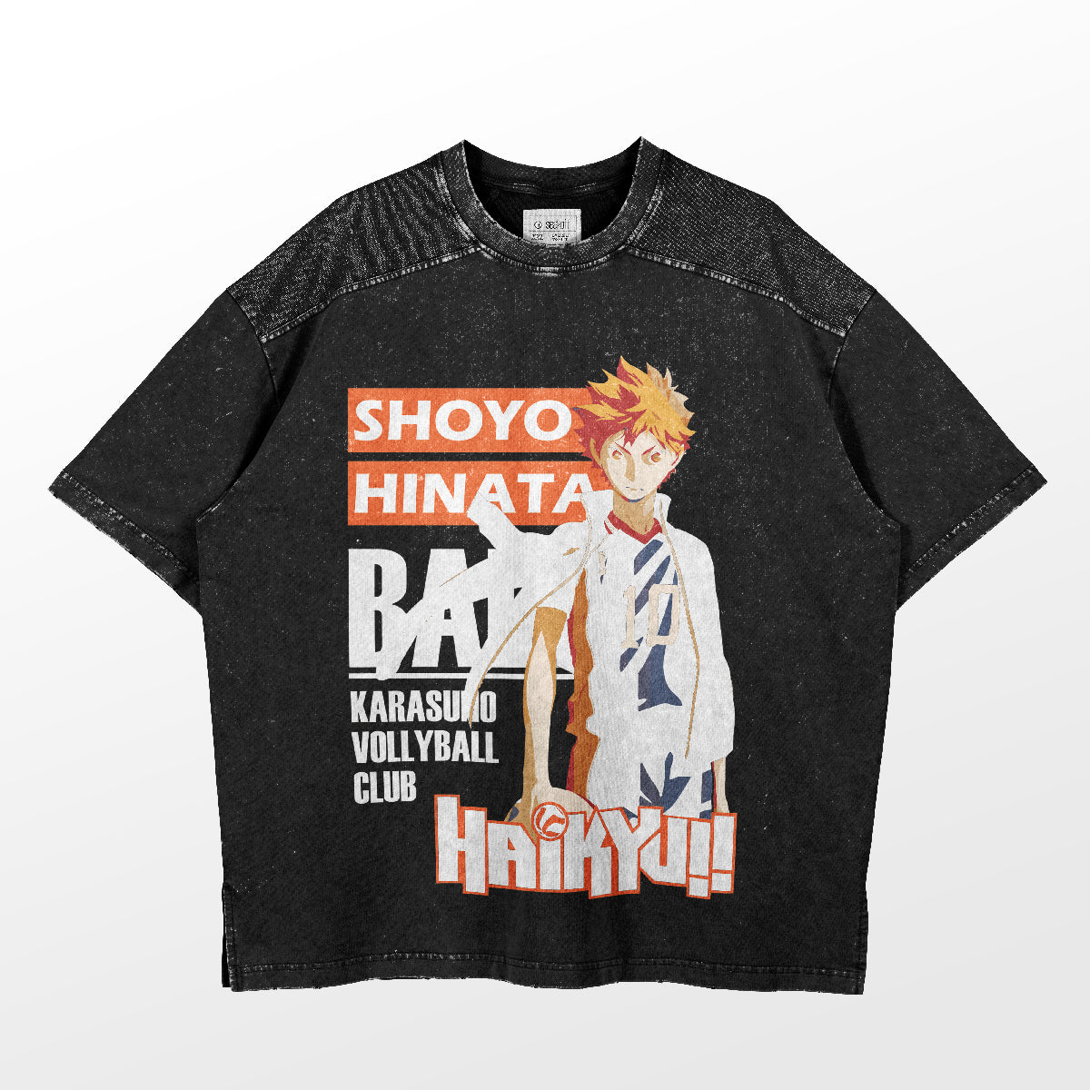 The Haikyu!! Shoyo Hinata Karasuno Volleyball Club Graphic T-Shirt features the anime character with bright orange hair and bold text, perfect for any Haikyu!! fan.