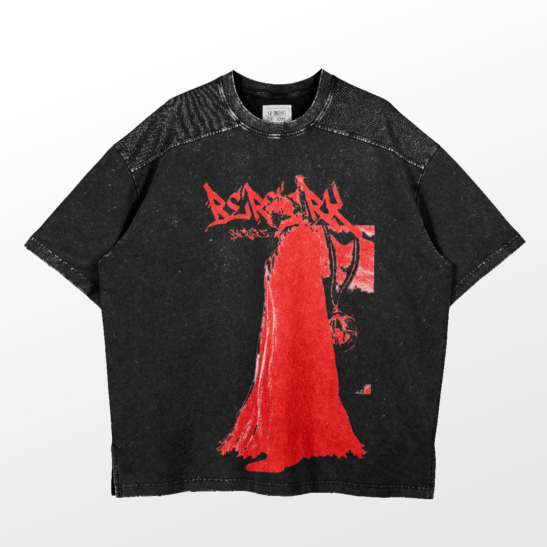 The Berserk-Inspired Graphic T-Shirt features a washed black, oversized cotton design with a bold depiction of Guts in a red cape and scythe against a distressed backdrop. &quot;Berserk&quot; is emblazoned above the figure in stylized red letters, perfect for anime fans seeking a grunge aesthetic.