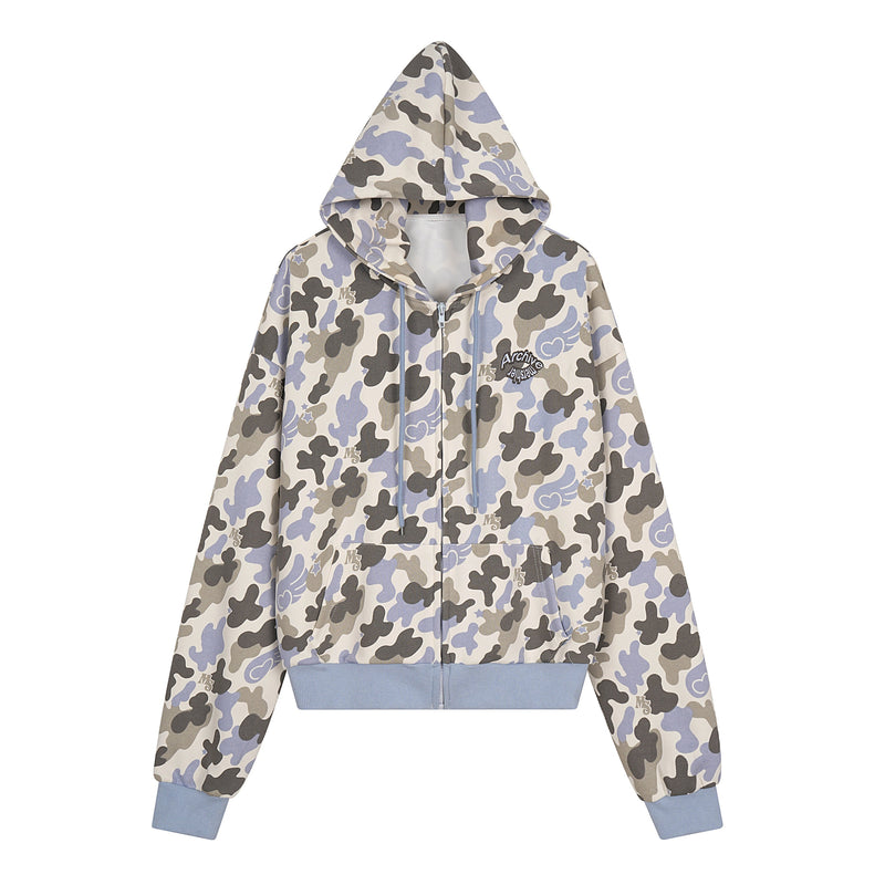Gray and lavender camo zip-up hoodie with hood, drawstrings, and front pockets