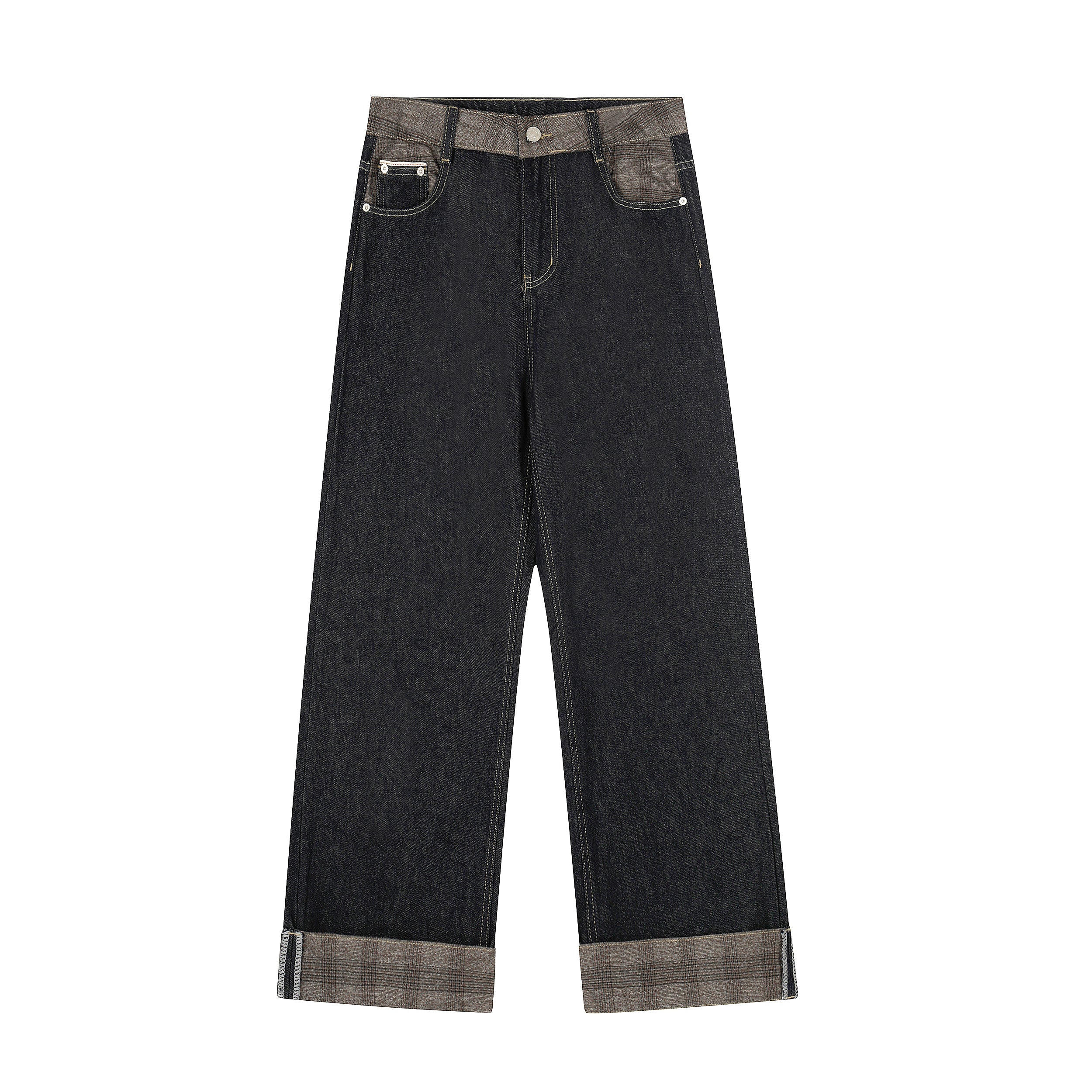 Contrast-Waist Cuffed Wide-Leg Jeans | Dark Wash Denim