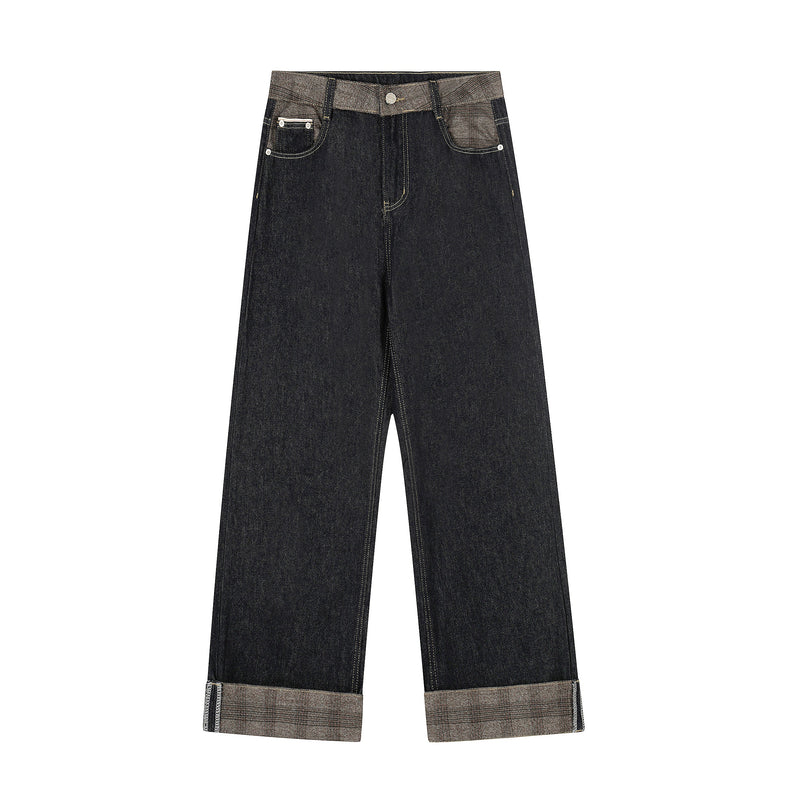 Dark wash wide-leg jeans with contrast waistband and cuffs, front view