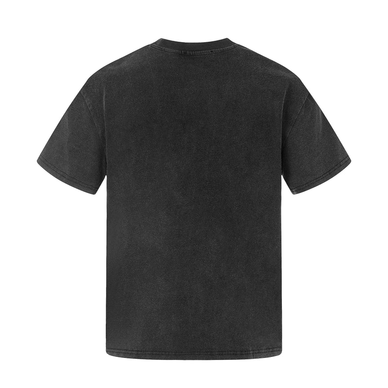 Black washed vintage streetwear T-shirt with a relaxed fit and faded texture, shown from the back on a white background