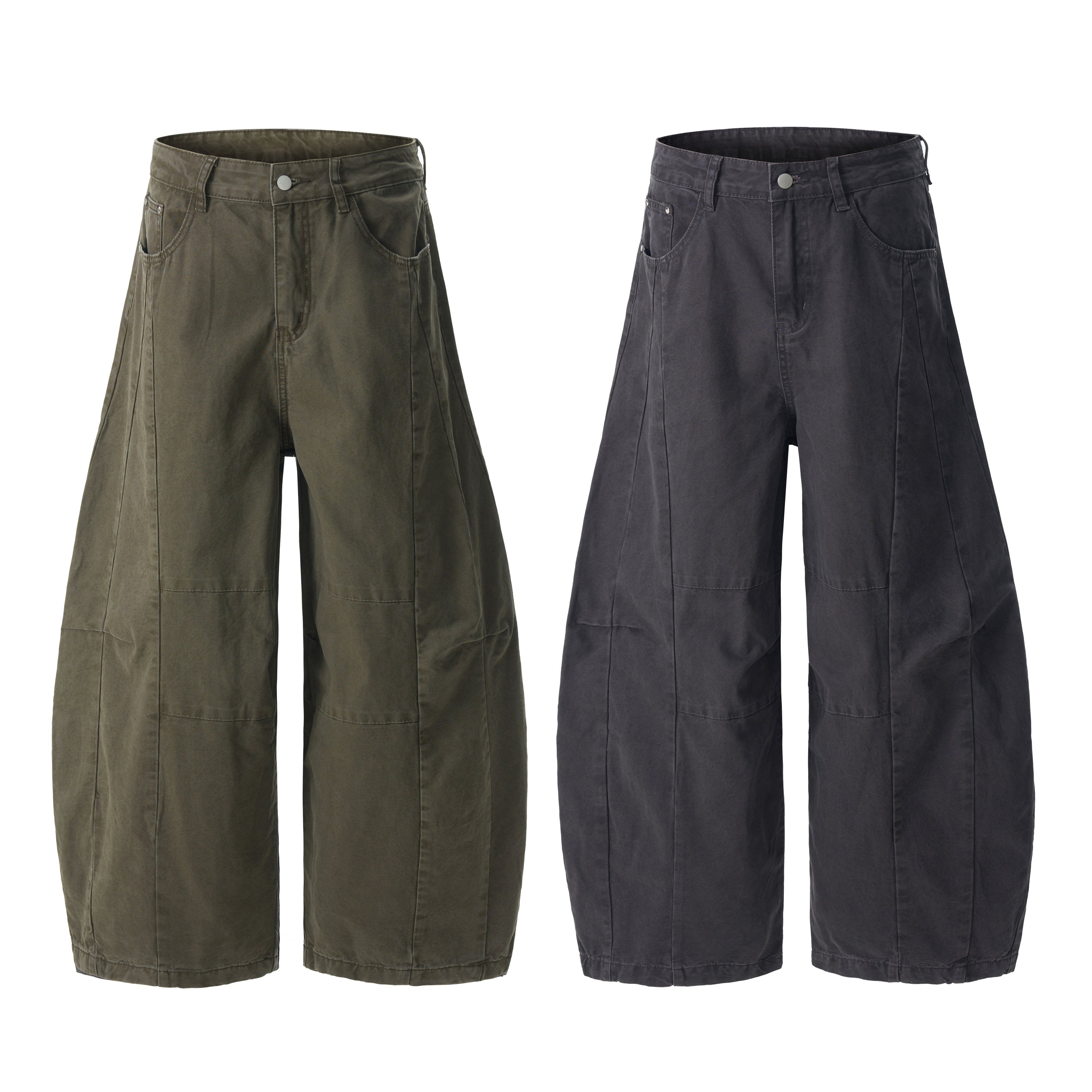 Olive green and charcoal grey structured barrel wide-leg jeans with vertical panel seams, shown side by side on a white backg