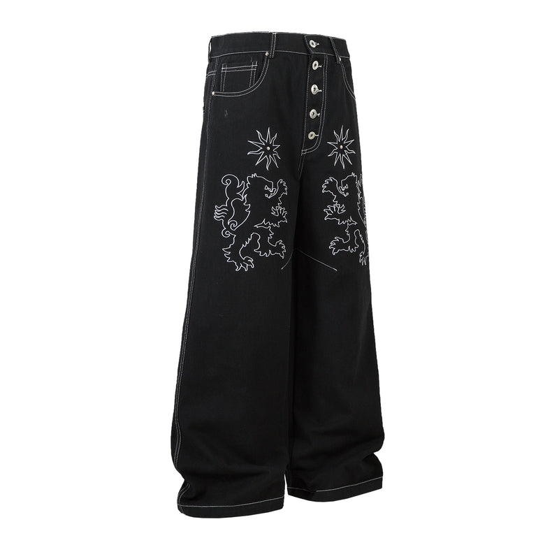 Heraldic Embroidered Wide-Leg Jeans | Lion & Star Denim