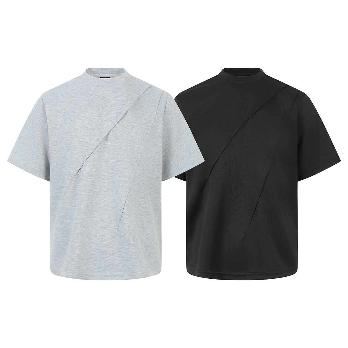 Omirad Asym Cut oversized tee in heather grey and black showing diagonal sculpted front seam detail